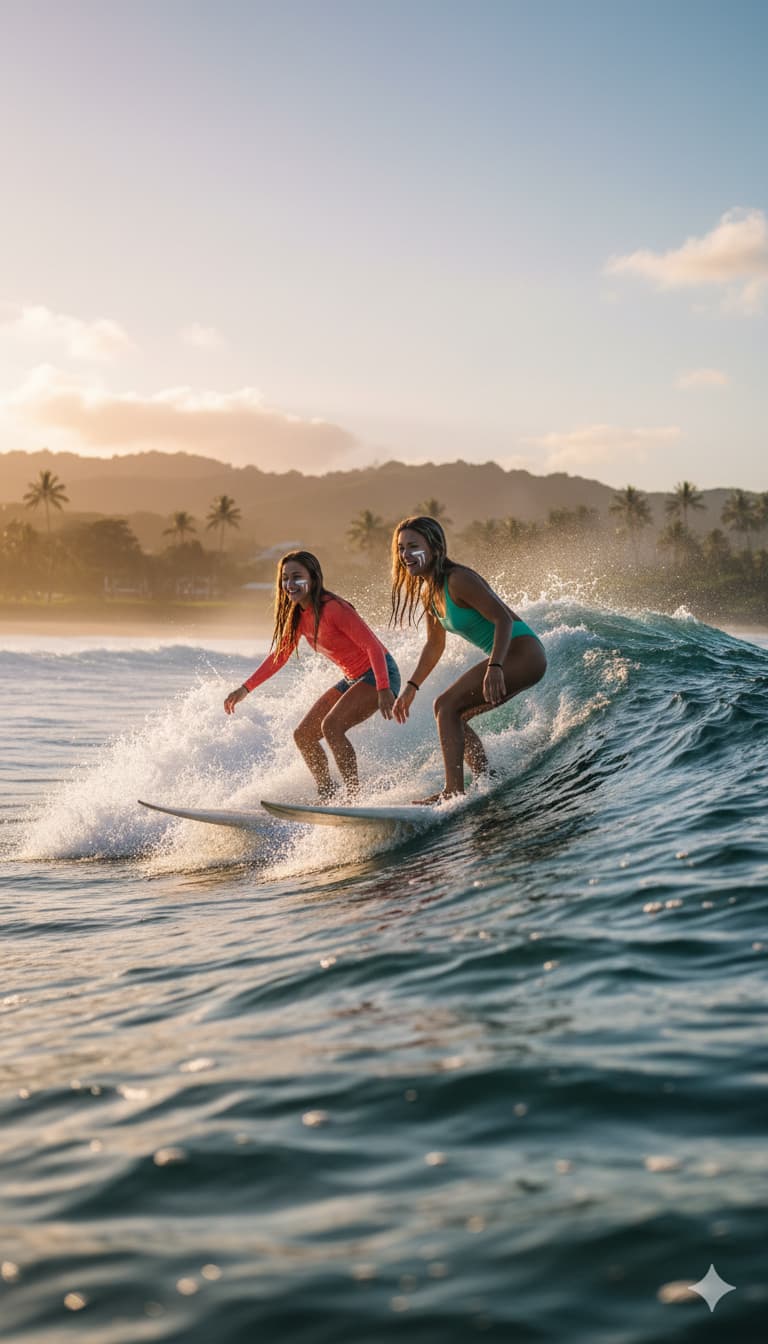 Two surfers wearing zinc on their faces, riding a clean wave at sunset
